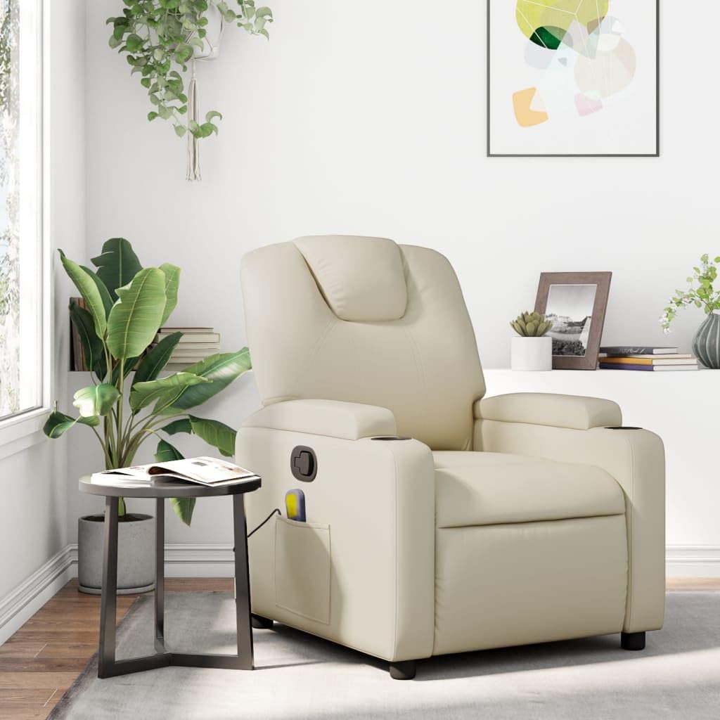 'vidaXL Massage Recliner Chair with Manual Reclining and Vibration Functions, Cream Faux Leather Upholstery, Armrest, Cup Holders, Side Pocket, Durable & Comfortable, Ideal for Living Room