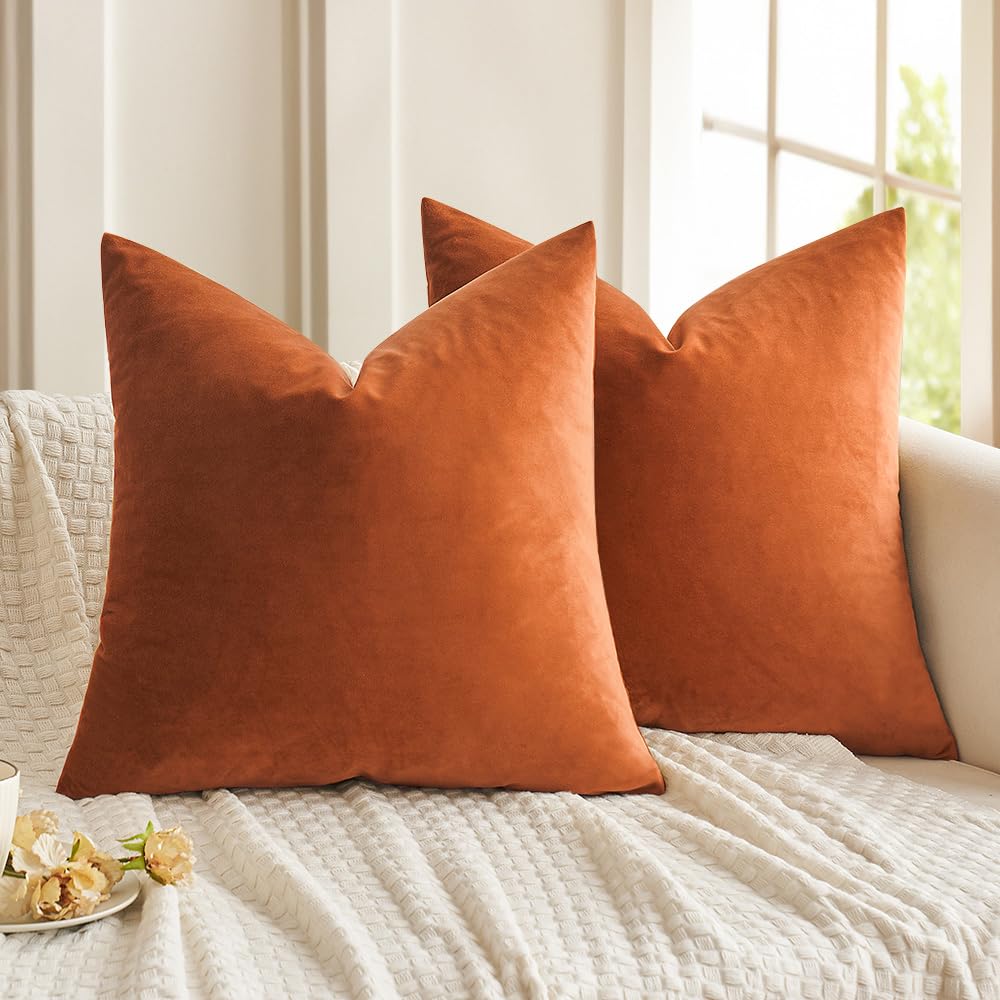 Miulee Pack Of 2 Velvet Pillow Covers Autumn Decorative Square Pillowcase Soft Solid Orange Fall Cushion Cases For Sofa Bedroom