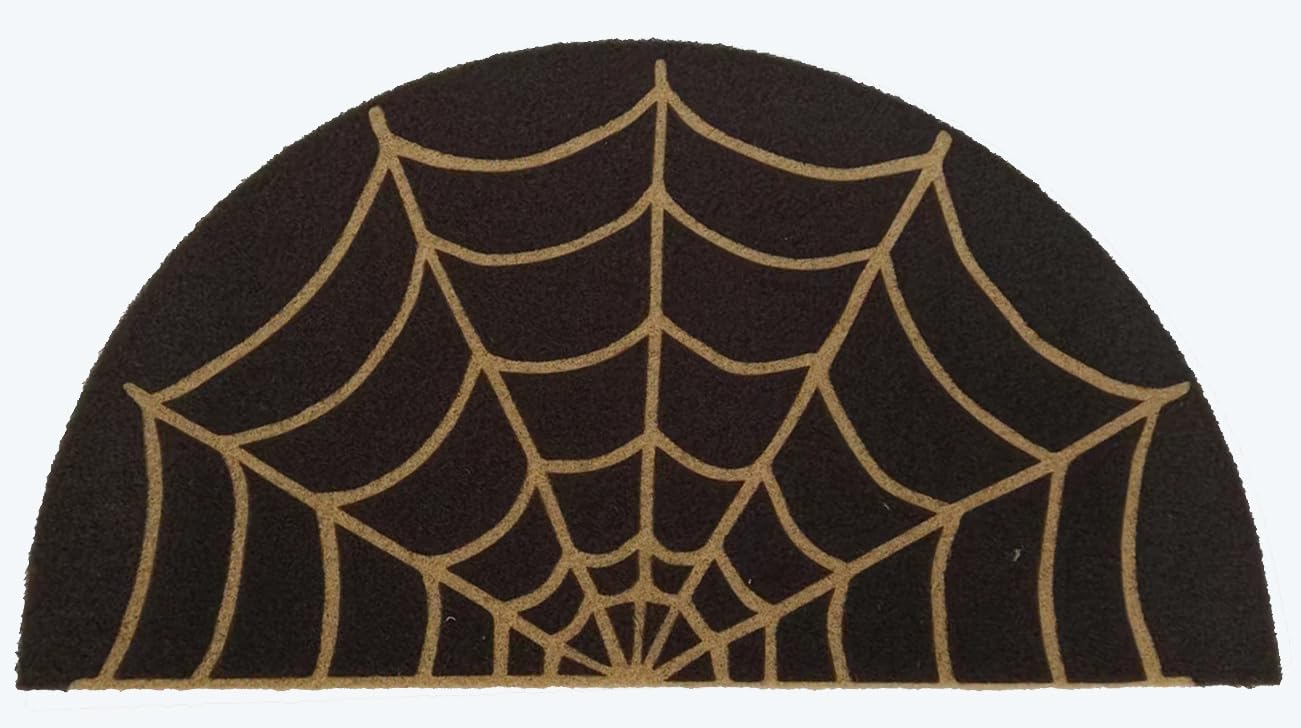 Korhleoh Spider Web Dark Coir Doormat - Half Circle Non-Slip Welcome Door Mat Halloween Decor Mat 17X29 Inch