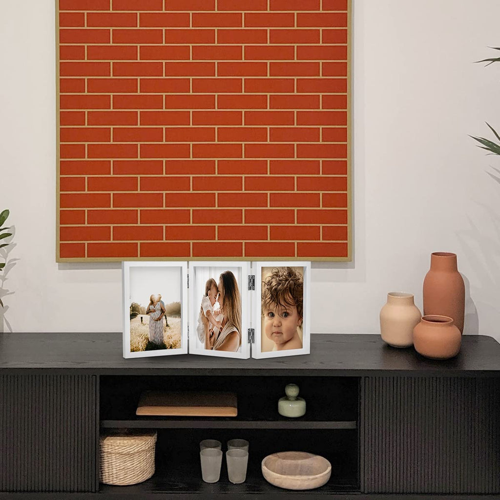 3 Picture Frame 5X7 Triple Hinged Mdf Wood With Glass Front Three Opening Photo Frame Stand Vertical On Tabletop,White