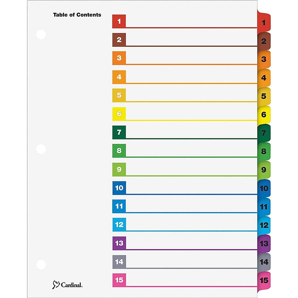 Tops Cardinal 15-Tab Dividers For 3 Ring Binders, Customizable Table Of Contents, 1 Set Of Numbered Multicolor Tabs (61518)