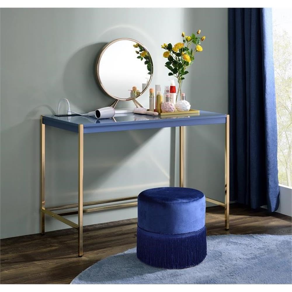 Acme Midriaks Wooden Top Writing Desk with USB Port in Navy Blue and Gold