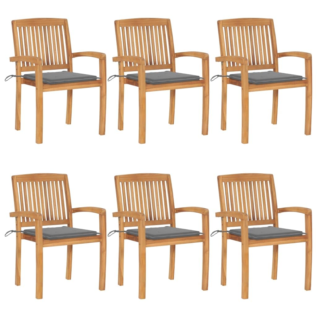 vidaXL 6X Solid Teak Wood Stacking Patio Chairs with Cushions - Weather-Resistant Indoor/Outdoor Garden Dining Furniture