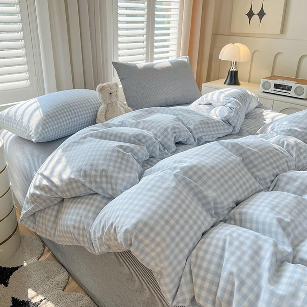Nayoroom Gingham Duvet Cover Queen Size Blue White Plaid Checkered Comforter Cover 3 Pcs Soft Breathable Washed Microfiber Grid