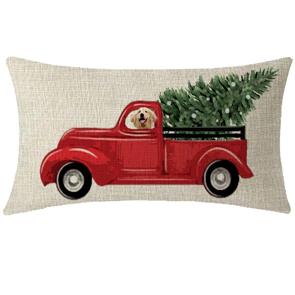 Andreannie Gift Merry Christmas Red Pickup Truck With Christmas Tree And Dog Cotton Linen Decorative Lumbar Throw Pillow Case Cu