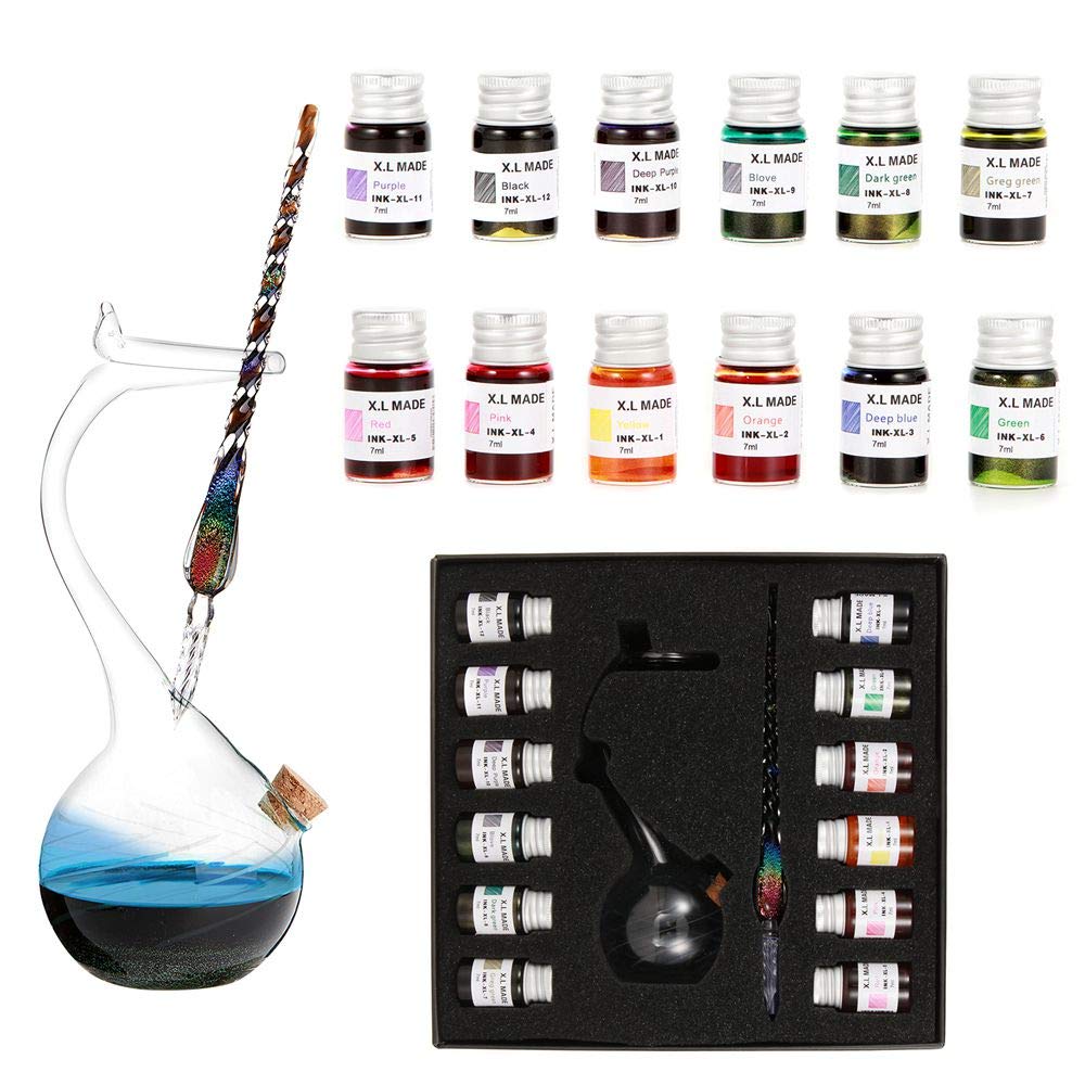 Thyggzjbs Handmade High Borosilicate Glass Glass Dip Pen Ink Set-Crystal Pen With 12 Colorful Inks For Art, Writing, Signatures,