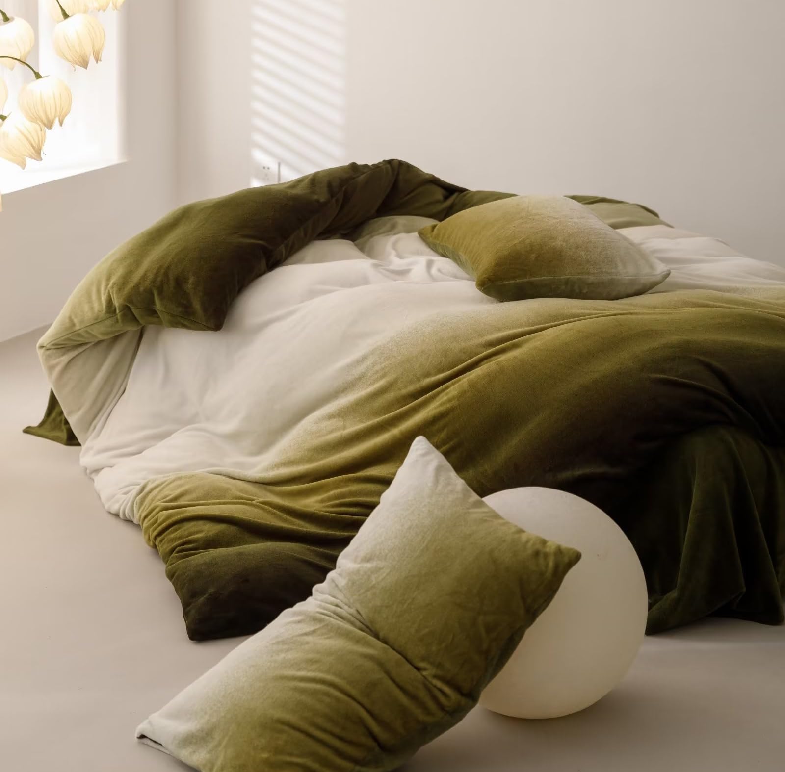 Karever Green White Comforter Set Velvet King Gradient Olive Green Bedding Comforter Women Plain White And Army Green Gradient S