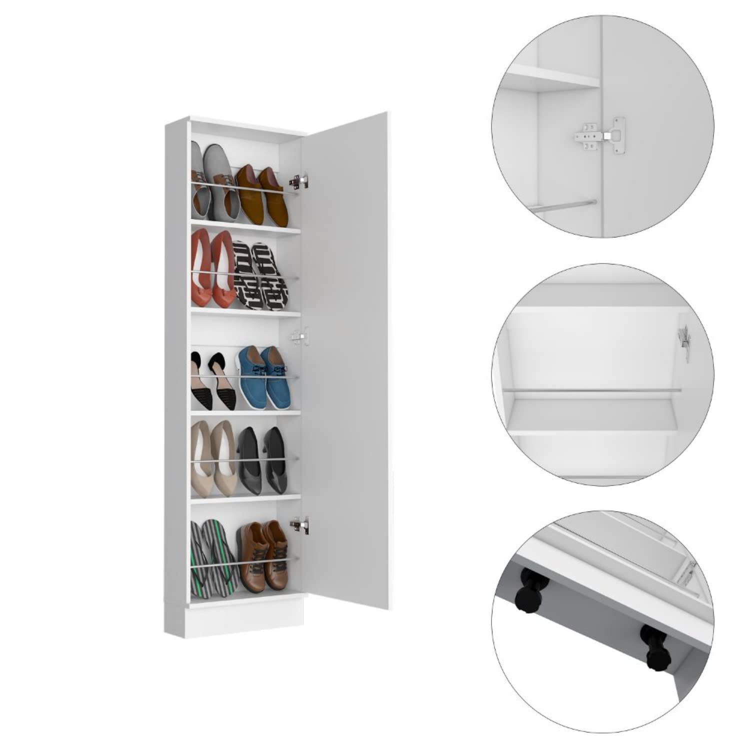 Shoe Rack 67&quot; H, 5 Internal Storage Shelves, A Mirror, A Door, Approximate Capacity of 10 Pairs of Shoes, White