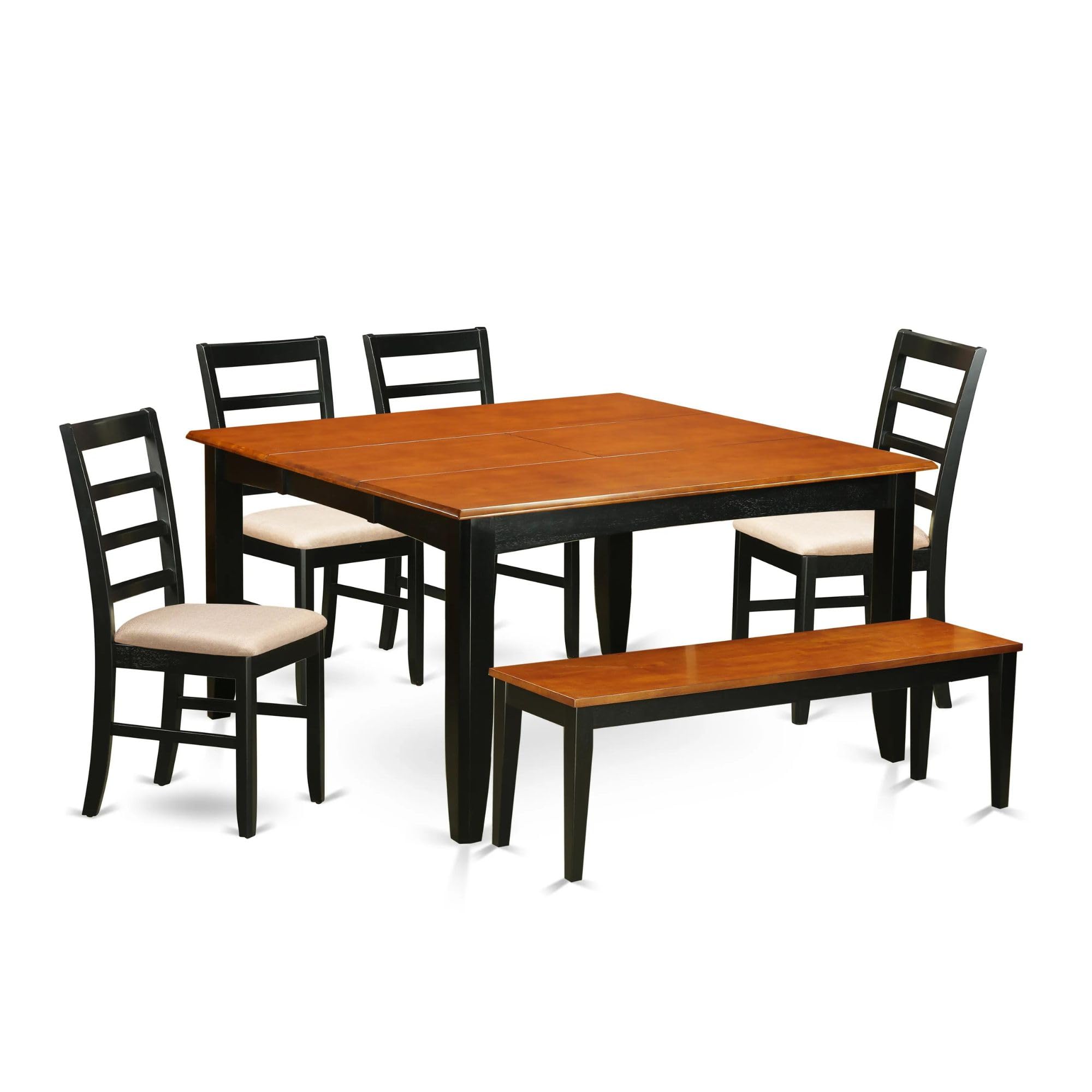 East West Furniture Parf6-Blk-C 6 Piece Set Contains A Square Dining Room Table With Butterfly Leaf And 4 Linen Fabric Upholstered Chairs With A Bench, 54X54 Inch