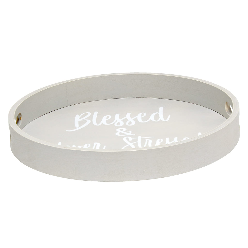 Elegant Designs Decorative 13.75'' Round Wood Serving Tray w/ Handles, ''Blessed & Never Stressed''