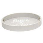 Elegant Designs Decorative 13.75'' Round Wood Serving Tray w/ Handles, ''Blessed & Never Stressed''