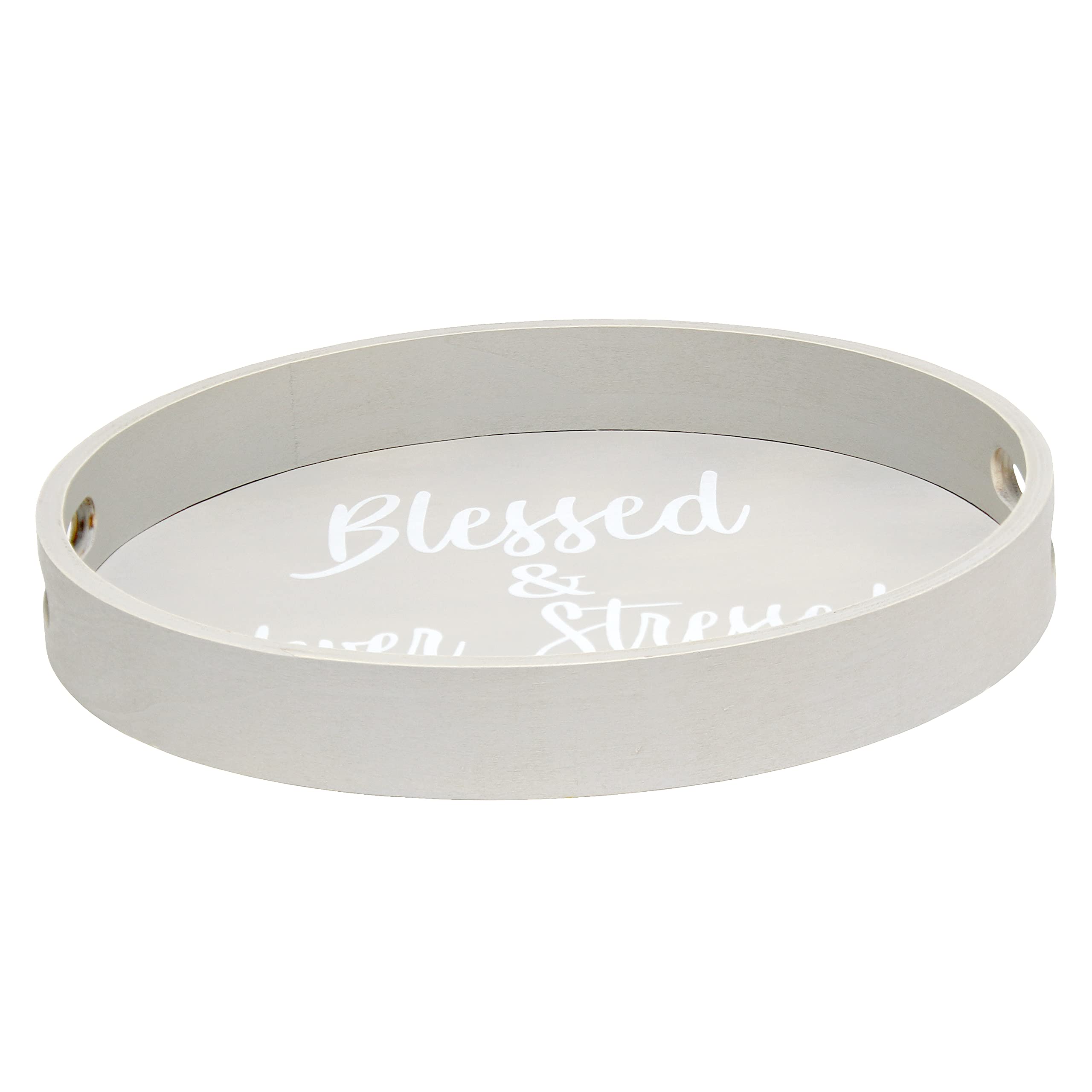 Elegant Designs Decorative 13.75'' Round Wood Serving Tray w/ Handles, ''Blessed & Never Stressed''