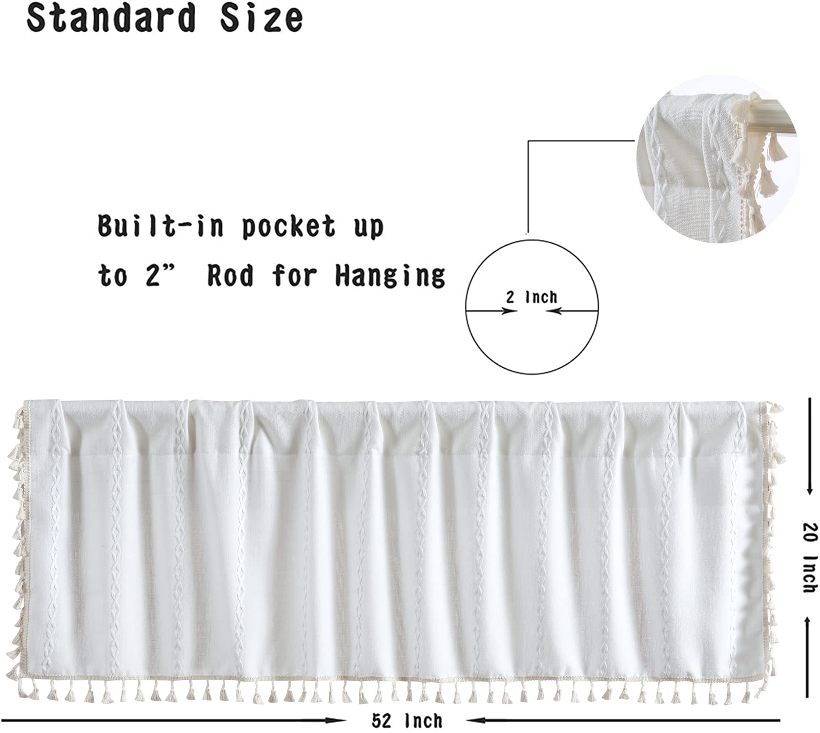 Roomtalks White Boho Kitchen Valances For Windows Rod Pocket 18?L X 52?W Embroidered French Striped Modern Farmhouse Chic Textured Tassel Curtain Valances For Bathroom Living Room Bohemian Decor