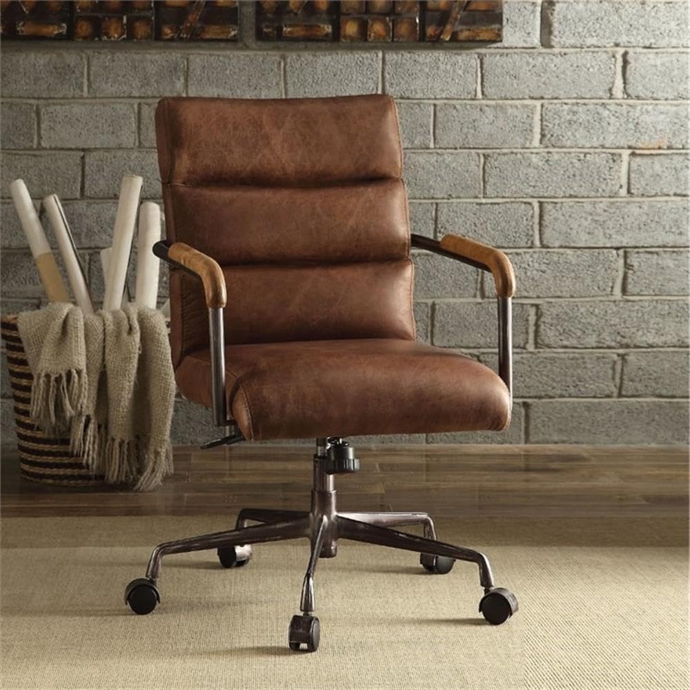 Acme Furniture Harith Leather Upholstered Swivel Office Chair in Retro Brown