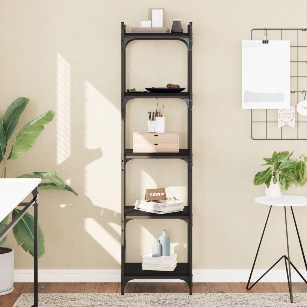 vidaXL Black 5-Tier Bookcase - Industrial Style, Engineered Wood and Metal Frame