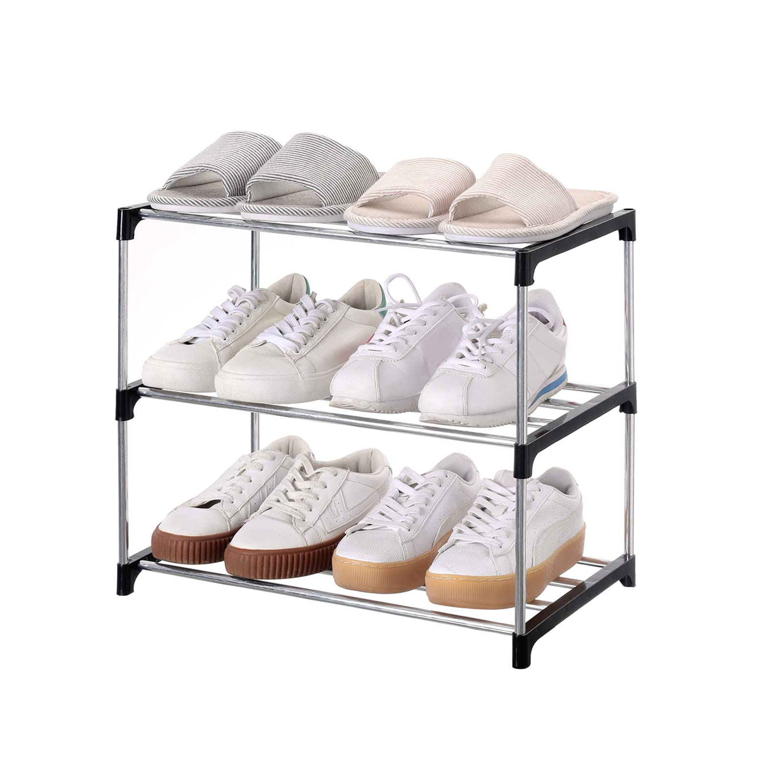 Jucaifu Stackable Small Shoe Rack, Entryway, Hallway And Closet Space Saving Storage And Organization (3-Tier, Black)