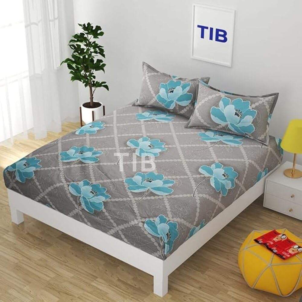 Tib Glace Cotton 78 X 72 Elastic Fitted Bedsheets King Size With 2 Pillow Covers, Pack Of 3, Grey