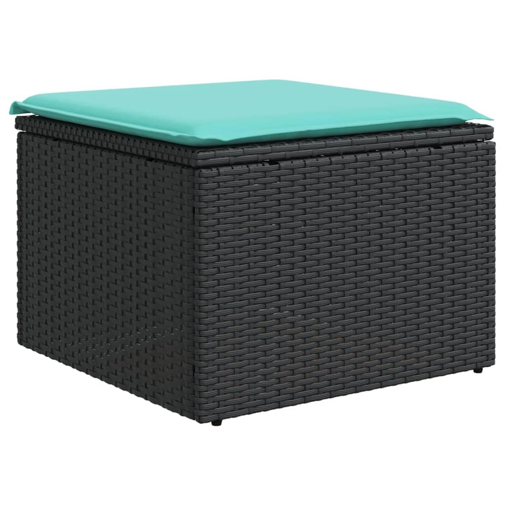 vidaXL Patio Stool with Cushion - Black PE Rattan Outdoor Ottoman - Sturdy Powder-Coated Steel Frame - Removable Blue Cushion Cover - 21.7&quot;x 21.7&quot;x 14.6&quot;