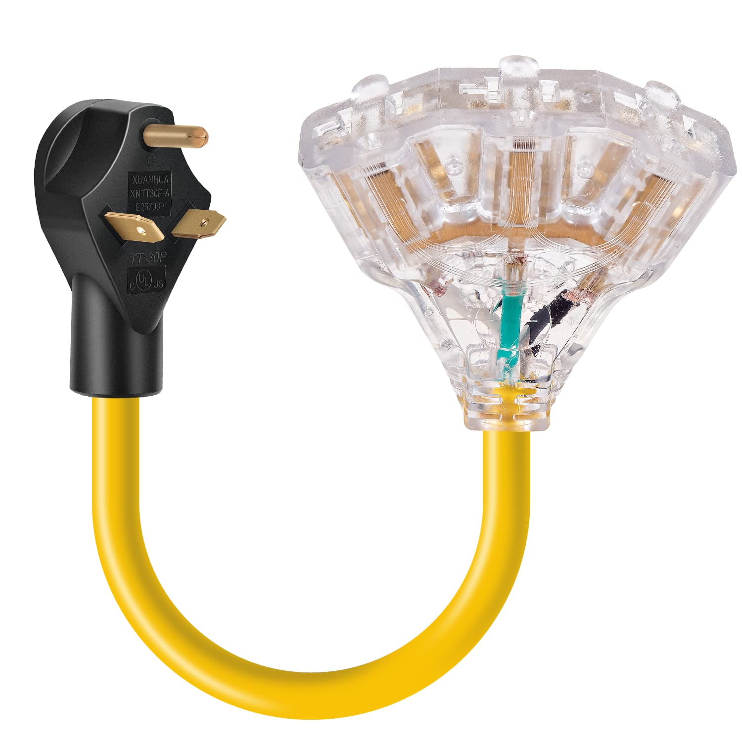 Rophor 30 Amp To 110 Adapter Generator Power Cord, 3 Prong 30 Amp To 15 Amp Generator Adapter, Nema Tt-30P Male To 3X 5-20R Fema