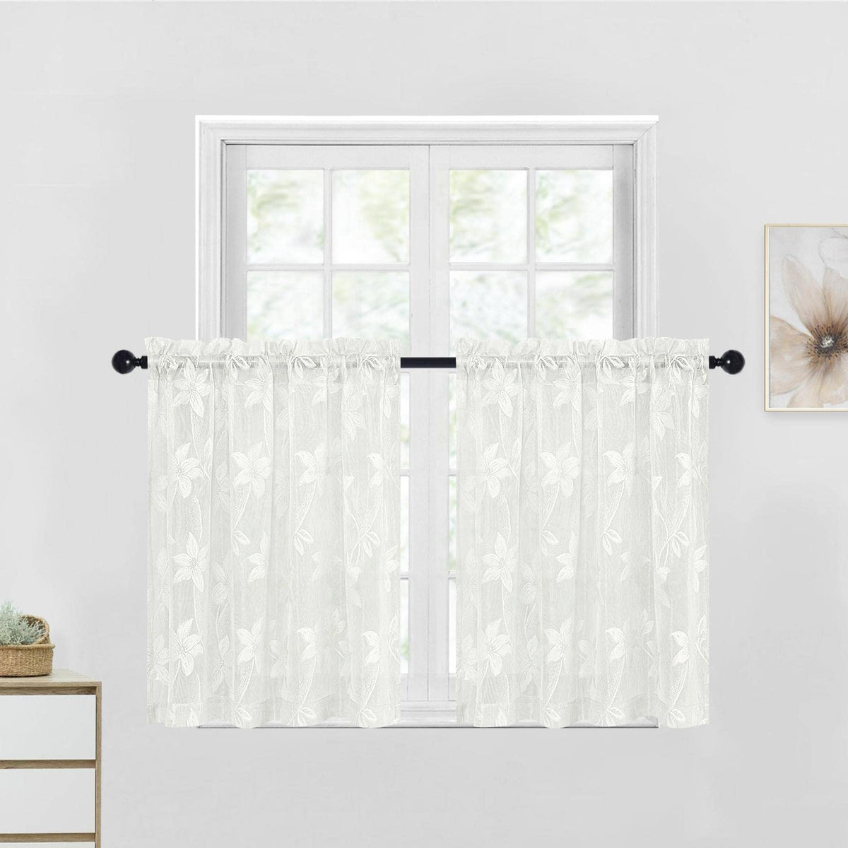 Dwcn Kitchen Short Curtains - White Flora Lace Rod Pocket Window Voile Sheer Curtains For Kitchen Living Room Bathroom, 52 X 36