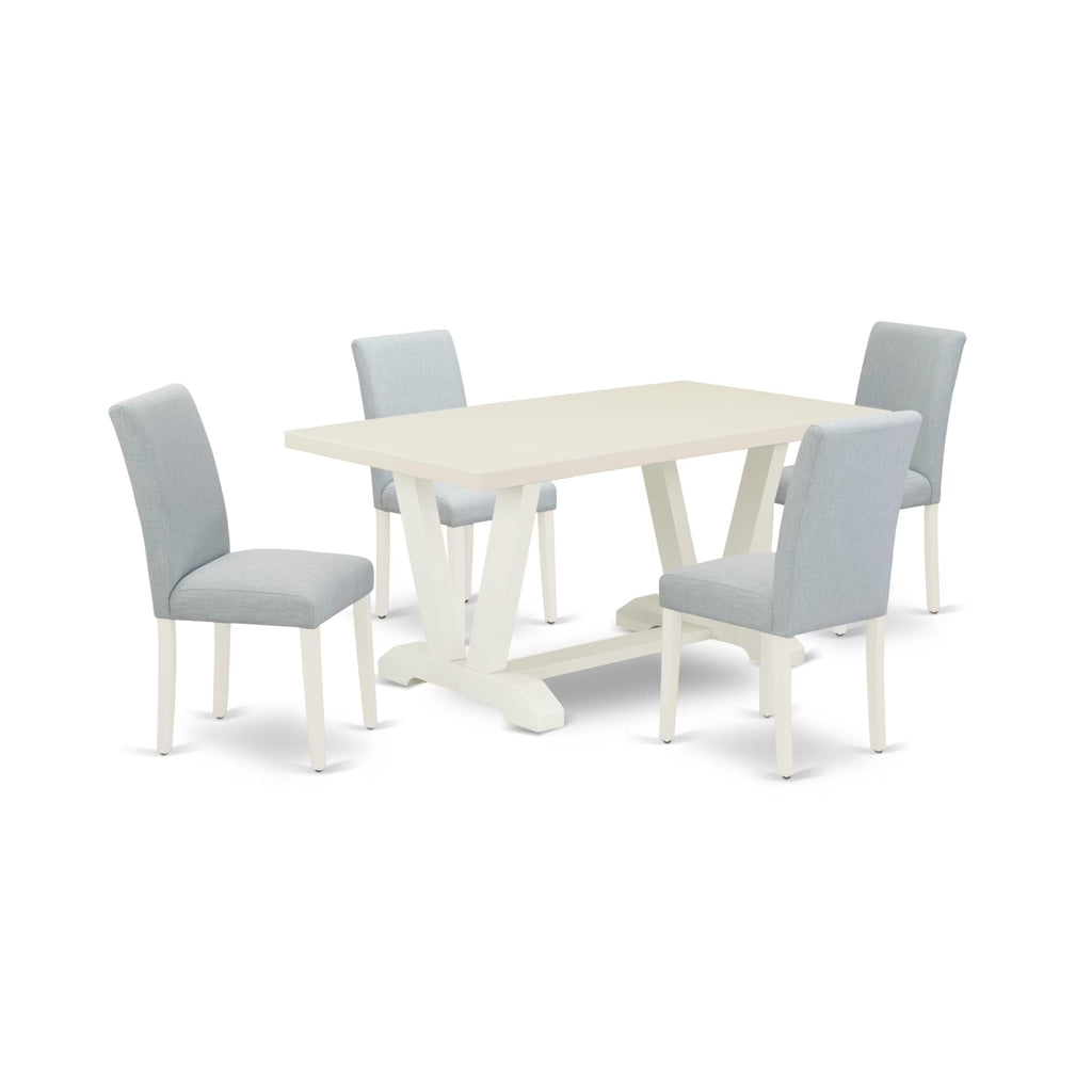 East West Furniture V026Ab015-5 5 Piece Dining Room Table Set Includes A Rectangle Kitchen Table With V-Legs And 4 Baby Blue Linen Fabric Parsons Dining Chairs, 36X60 Inch, Multi-Color