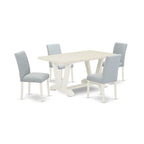 East West Furniture V026Ab015-5 5 Piece Dining Room Table Set Includes A Rectangle Kitchen Table With V-Legs And 4 Baby Blue Linen Fabric Parsons Dining Chairs, 36X60 Inch, Multi-Color