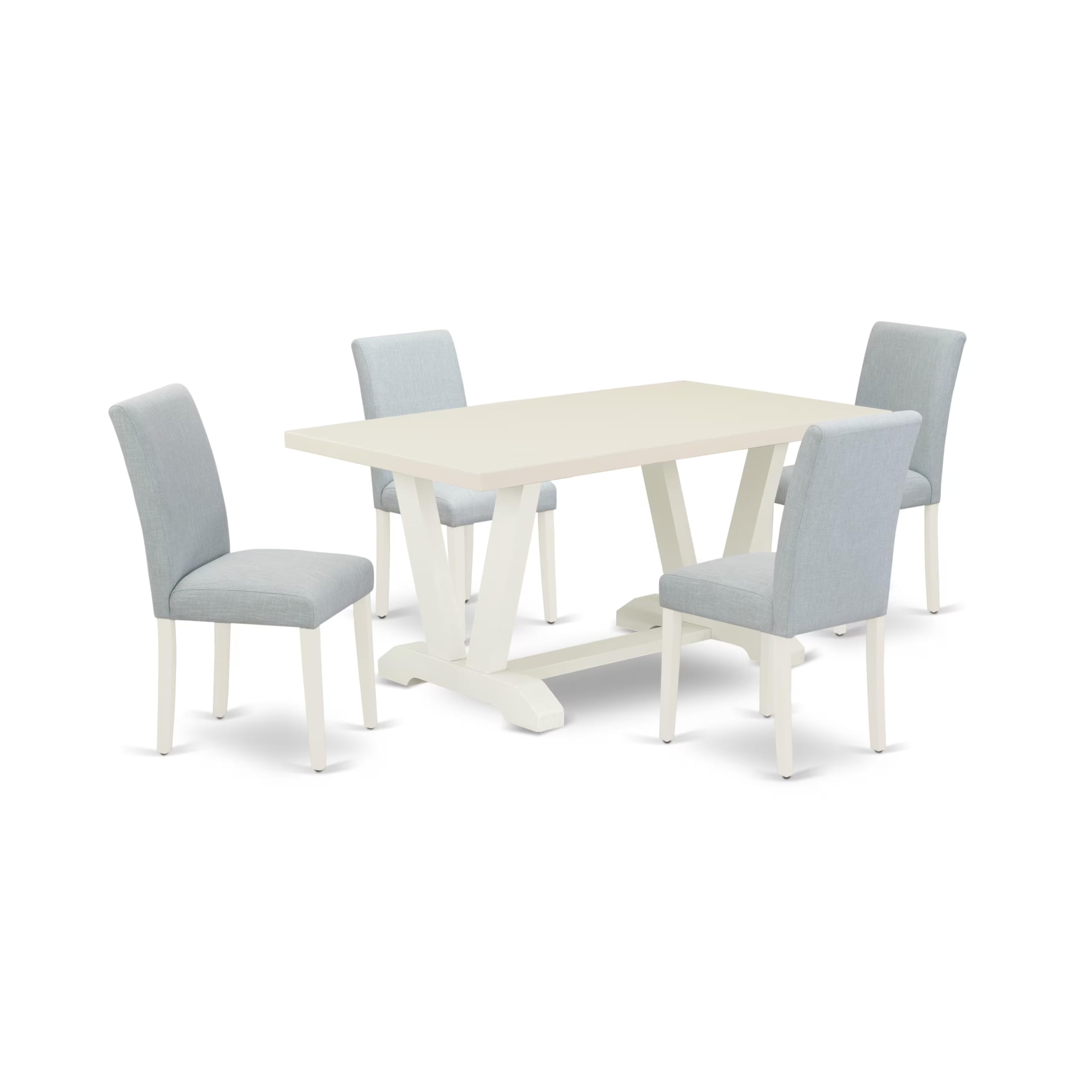 East West Furniture V026Ab015-5 5 Piece Dining Room Table Set Includes A Rectangle Kitchen Table With V-Legs And 4 Baby Blue Linen Fabric Parsons Dining Chairs, 36X60 Inch, Multi-Color
