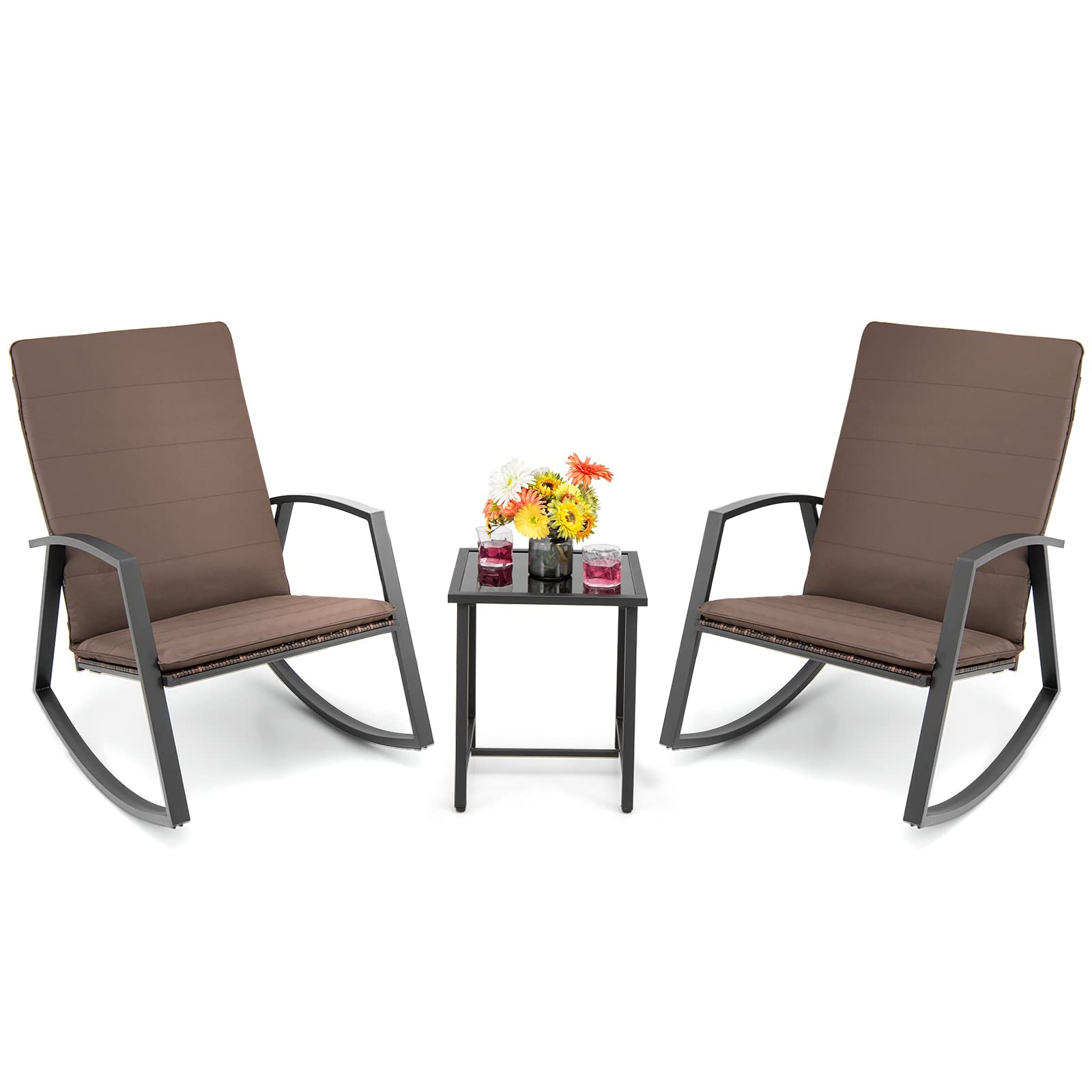 Tangkula 3 Pieces Patio Rocking Bistro Set, Pe Rattan Rocking Chairs With Tempered Glass Side Table, Outdoor Wicker Conversation Set With Zippered Cushion For Patio, Garden, Poolside (Mix Brown)