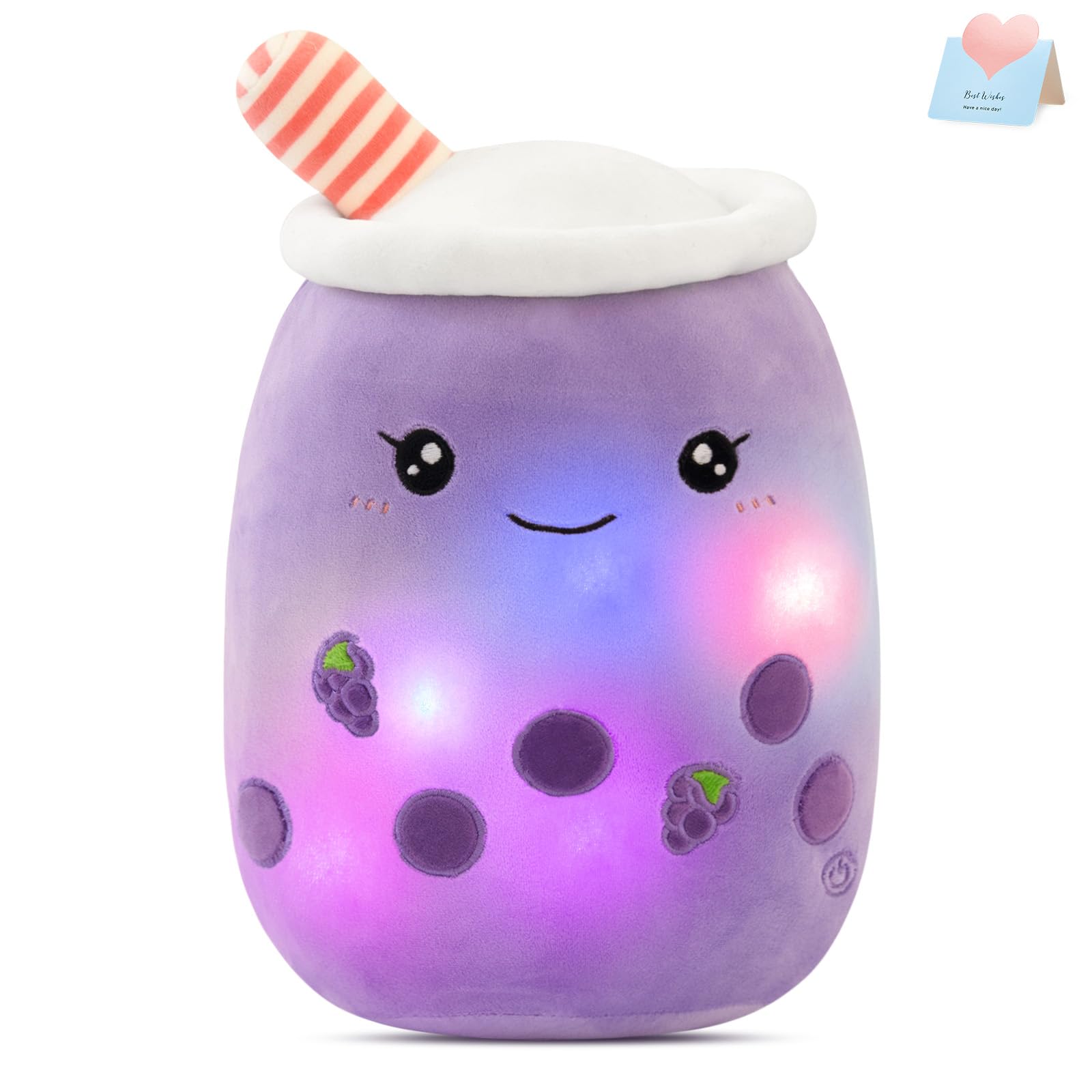 Athoinsu Light Up Grape Boba Tea Soft Plush Pillow 10' Kawaii Milky Tea Stuffed Bubble Animal Toy With Led Lights Birthday Chri