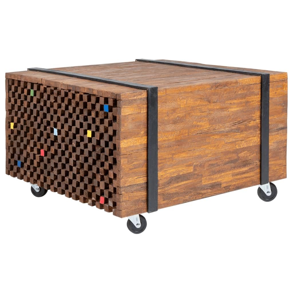 vidaXL Teak Side/End Table (23.6"x23.6"x15") - Industrial Style Console with Black Wooden 'Belts' and Mobile Wheels - Ideal for Placing Decorations
