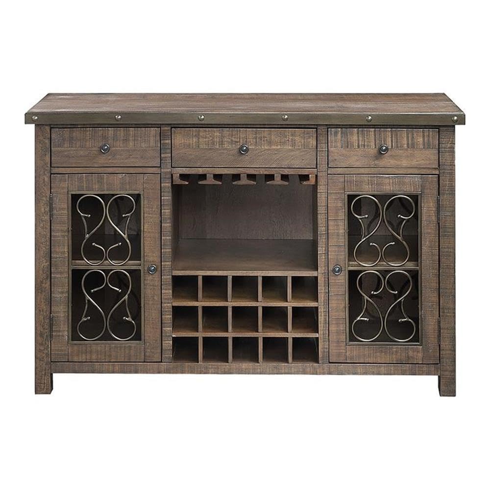Acme Raphaela Wooden Server with Cup Holder and Wine Rack in Weathered Cherry