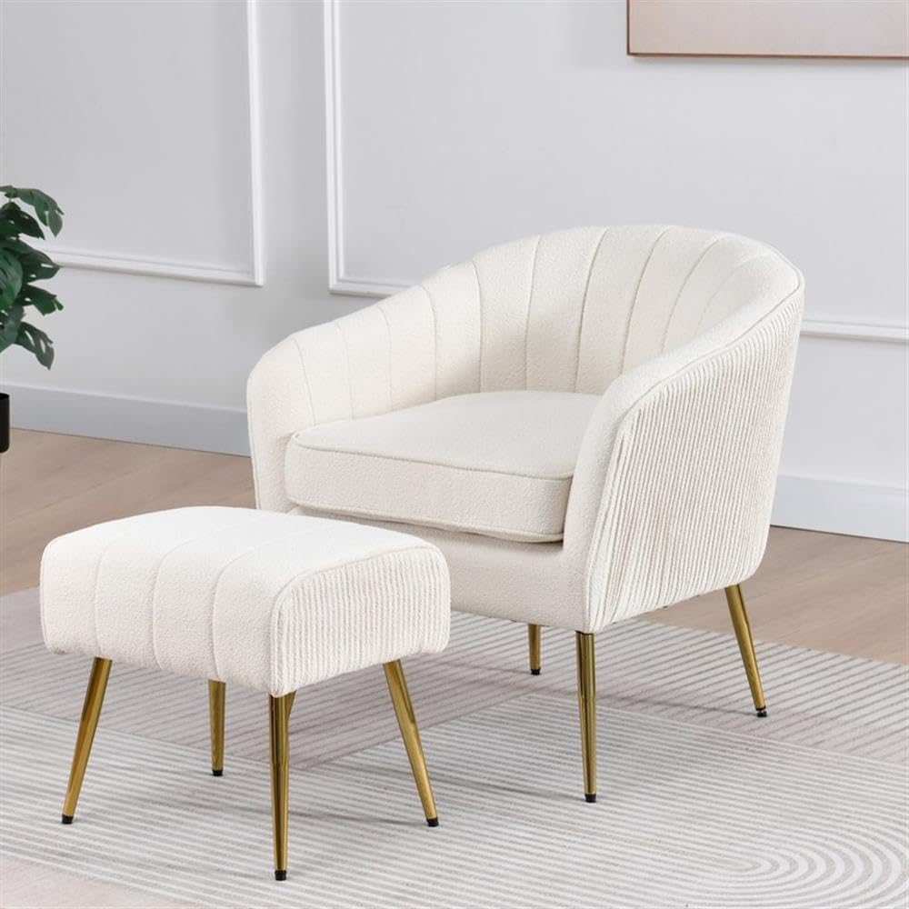 Best Quality Furniture Modern Accent Chair with Ottoman Set, Beige Teddy Fabric Upholstery, Gold Chrome Legs, Channel Tufted Backrest