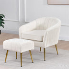 Best Quality Furniture Modern Accent Chair with Ottoman Set, Beige Teddy Fabric Upholstery, Gold Chrome Legs, Channel Tufted Backrest