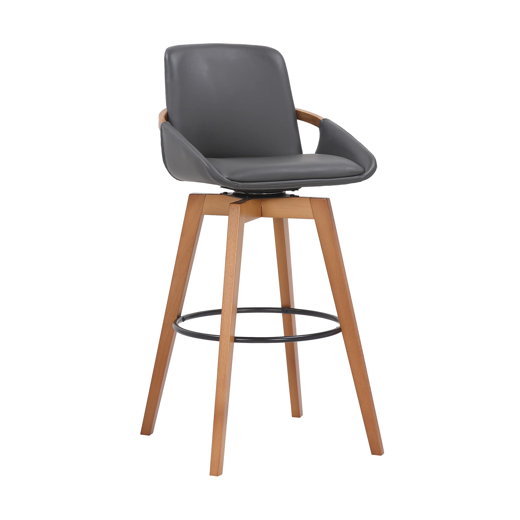 HomeRoots Gray Metal, Wood, Faux Leather 30' Luxurious Grey Faux and Walnut Wood Swivel Bar Stool
