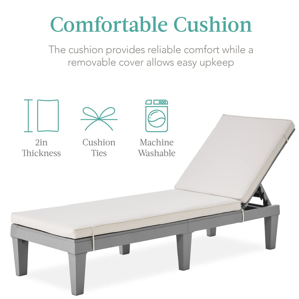 Best Choice Products Outdoor Lounge Chair, Resin Patio Chaise Lounger For Poolside, Backyard, Porch W/Seat Cushion, Adjustable Backrest, 5 Positions, 330Lb Capacity - Gray/White Sand