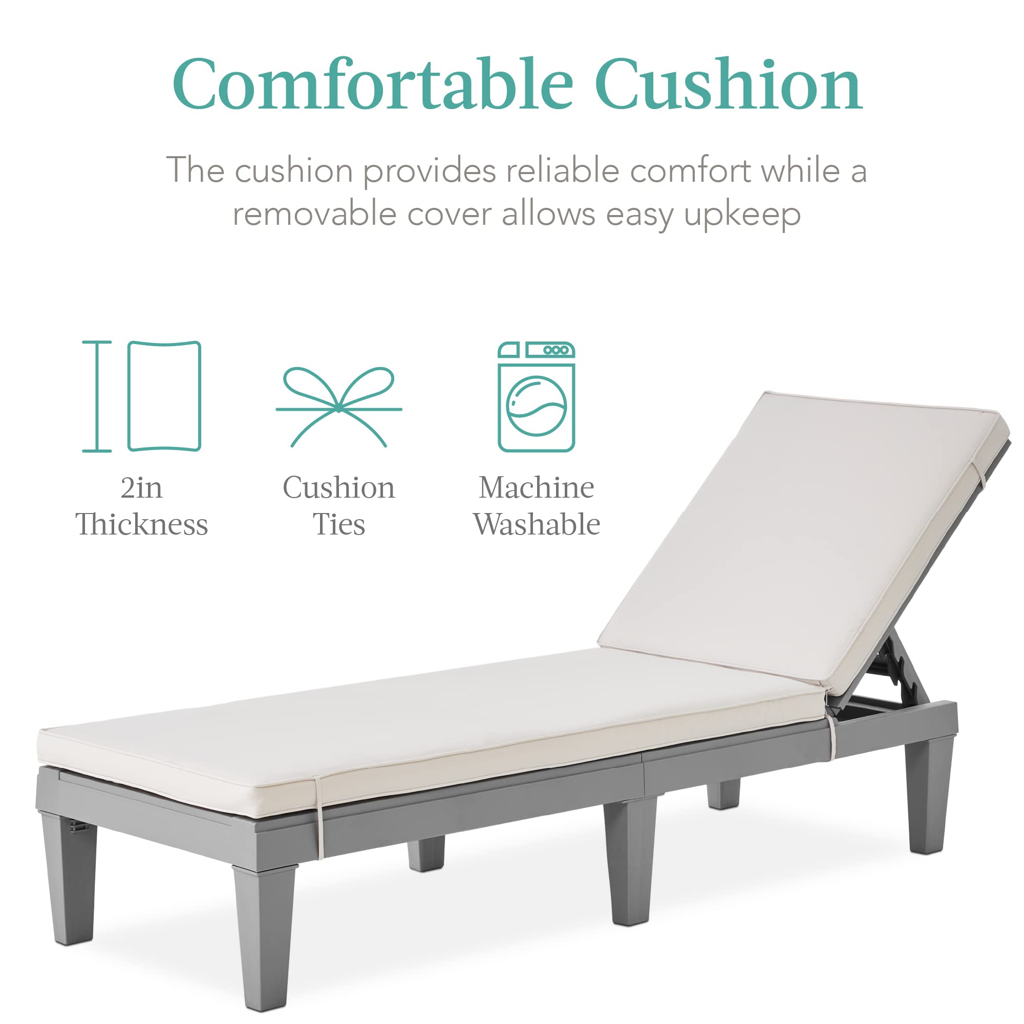 Best Choice Products Outdoor Lounge Chair, Resin Patio Chaise Lounger For Poolside, Backyard, Porch W/Seat Cushion, Adjustable Backrest, 5 Positions, 330Lb Capacity - Gray/White Sand