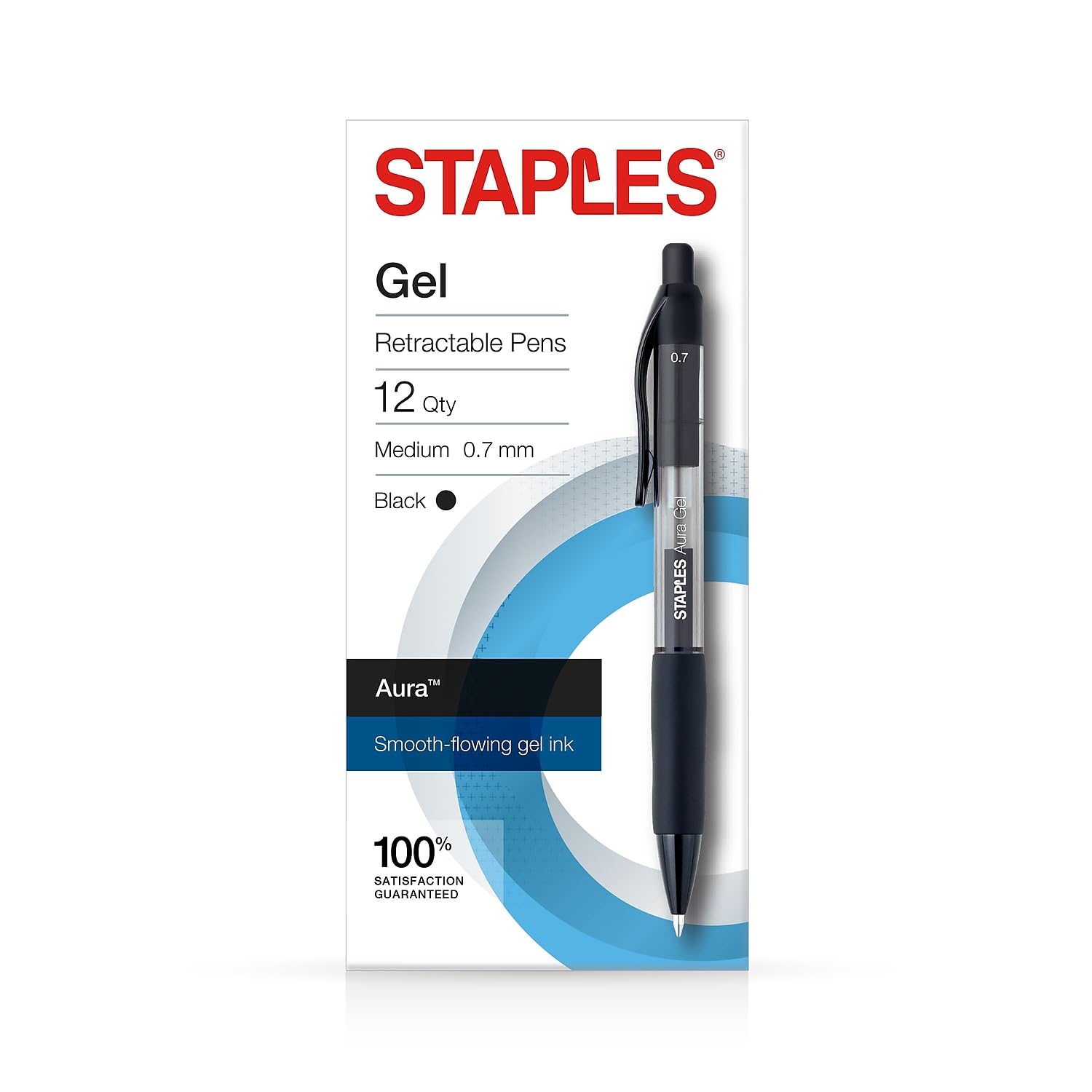 Staples 2072167 Aura Gel Retractable Pens 0.7Mm Black 12Pk (29195)