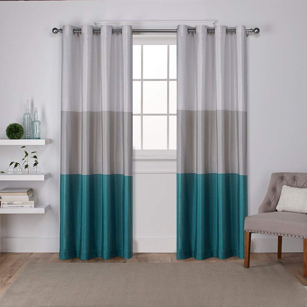 Exclusive Home Chateau Striped Faux Silk Grommet Top Curtain Panel Pair, 54''x84'', Teal