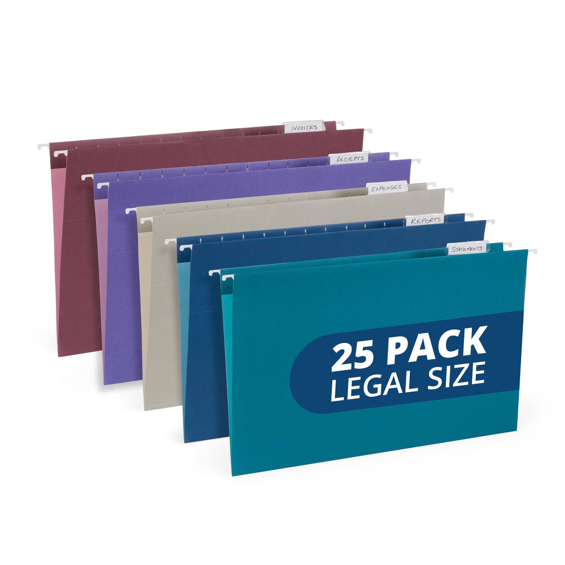 25 Blue Summit Supplies Colored Hanging File Folders Legal Size, Assorted Jewel Tone Colors, Legal Size Hanging File Folders For