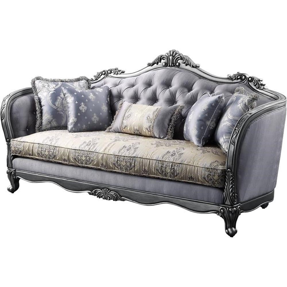 Acme Ariadne Fabric Tufted Sofa With 5 Pillows In Platinum Gray