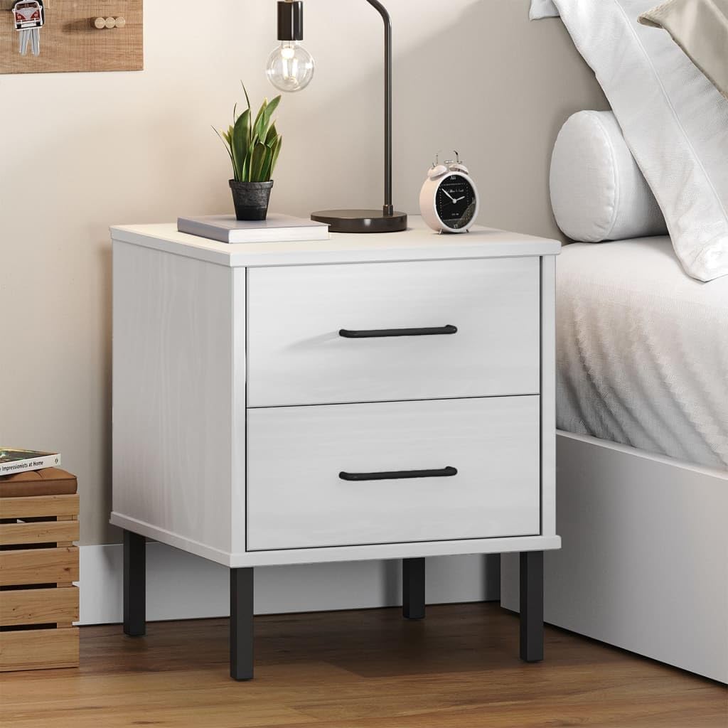 vidaXL Solid Pine Wood Bedside Cabinet with Metal Legs - Rustic White Industrial Style Bedroom Furniture with 2 Drawers from The Oslo Range