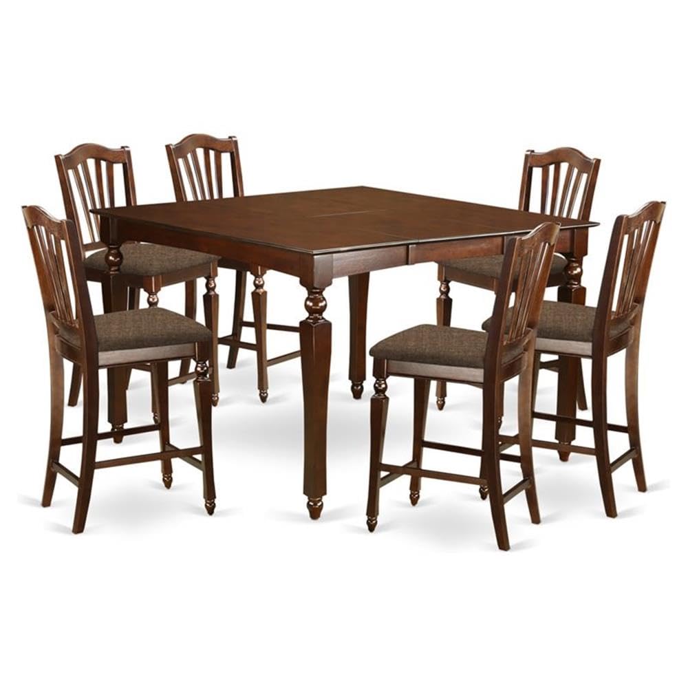 East West Furniture CHEL7-MAH-C 7 Piece Counter Height Dining Set Consist of a Square Dining Room Table with Butterfly Leaf and 6 Linen Fabric Upholstered Chairs, 54x54 Inch, Mahogany