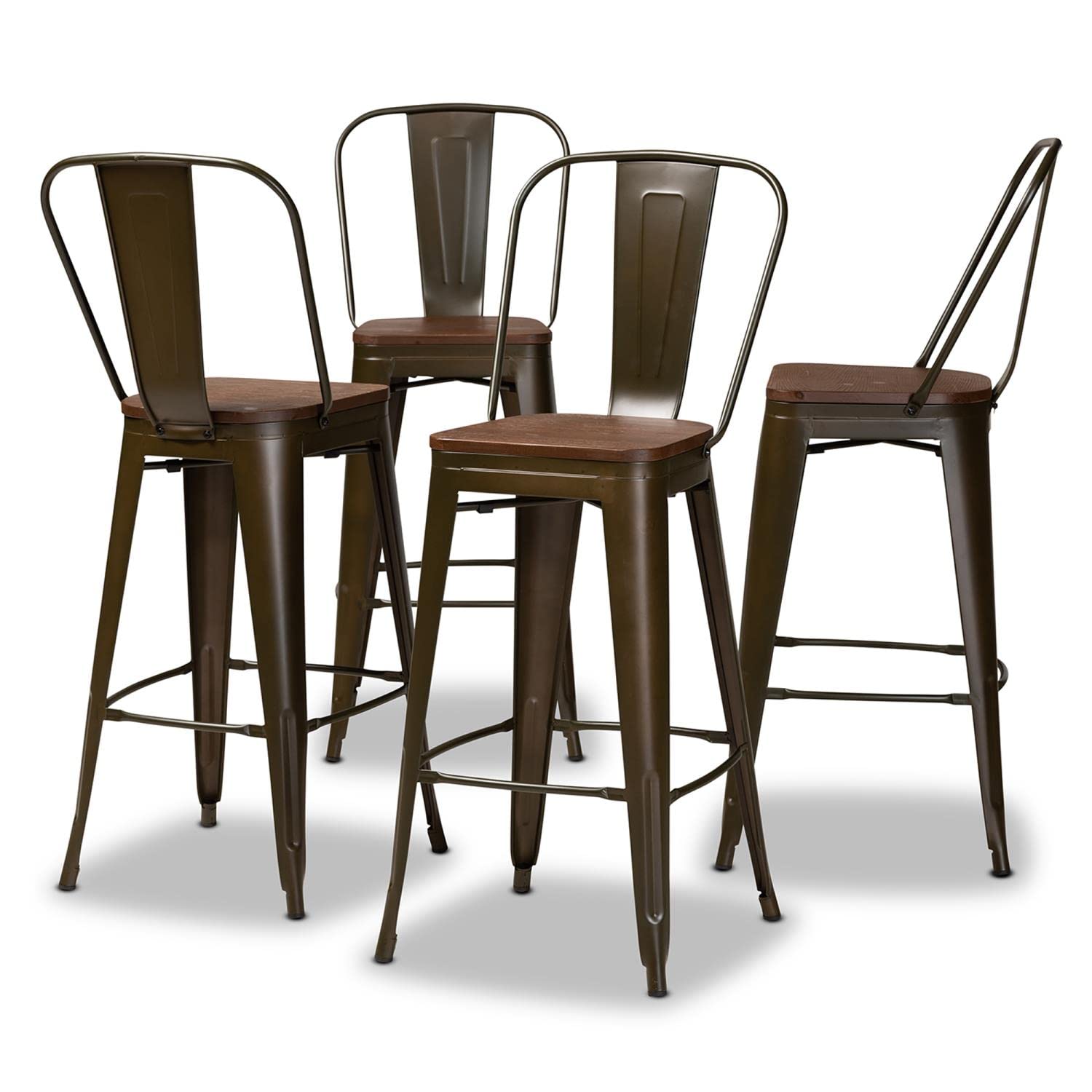 Baxton Studio Rosetta Brown Metal and Brown Finished Wood 4-Piece Bar Stool Set