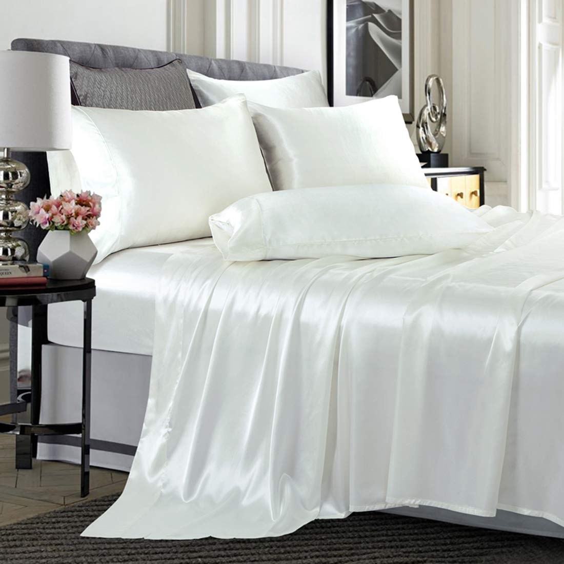 Treely 6-Piece Satin Sheets California King Size - Silky Smooth Ivory White Sheet Set With Deep Pocket, Fitted Sheet, Flat Sheet