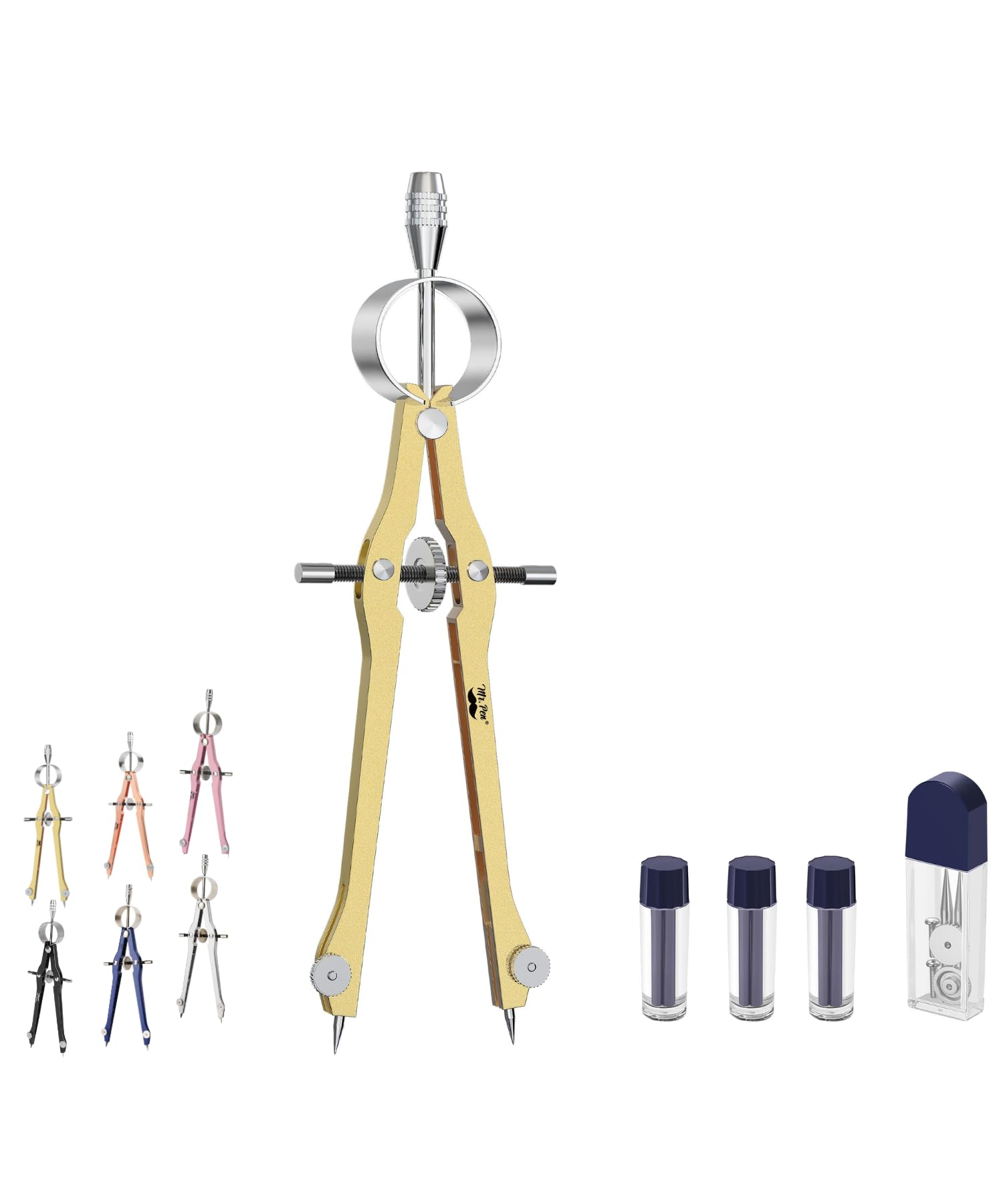 Mr. Pen Professional Geometry Compass - Gold With Extra Leads, Metal With Lock, Drawing & Drafting Compass