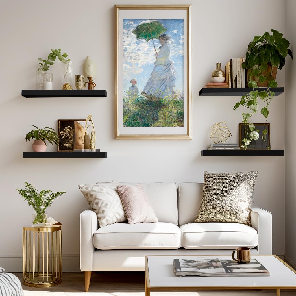 Lavie Home Floating Shelves, 15.6 Inch Wall Shelf Set Of 3, Hanging Shelf With Invisible Brackets, Wall Decor For Bathroom, Bedroom, Living Room, Kitchen Storage, Classic Black