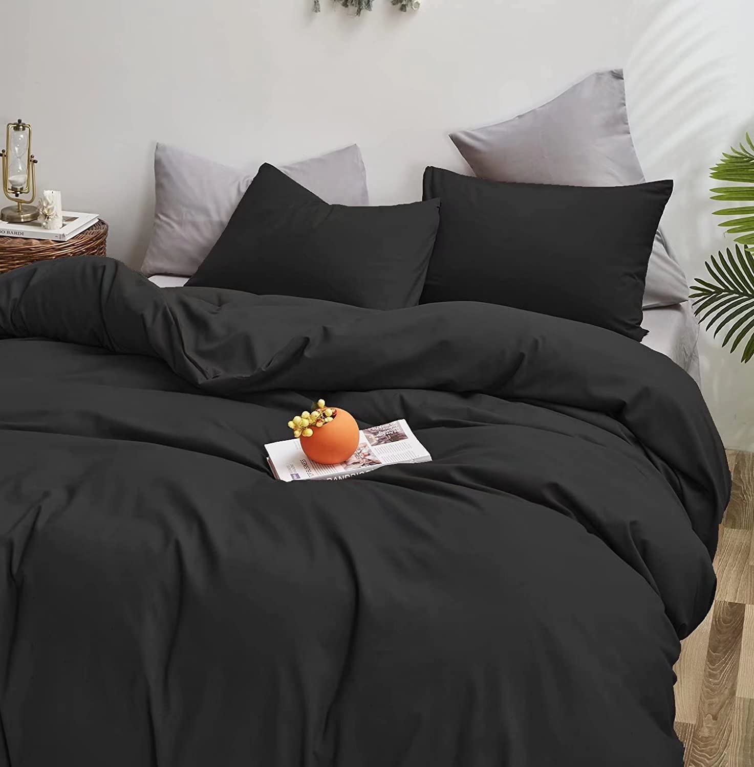 Houseri Black Comforter Full Size All Season 3 Pieces Pure Black Bedding Set Full Lightweight Plain Black Comforter For Teen Boy