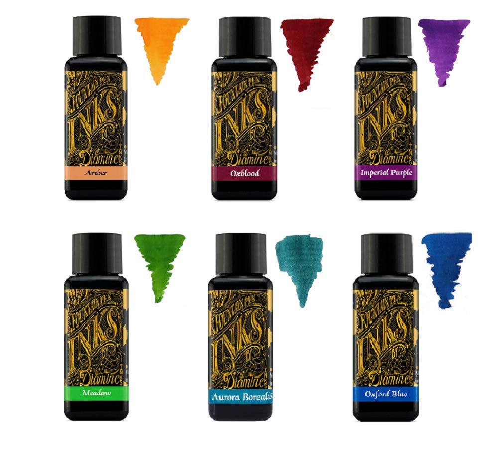 Diamine Fountain Pen Ink 30Ml - Colour Wheel - 6 X Bottles - Amber, Oxblood, Imperial Purple, Aurora Borealis, Oxford Blue, Mead