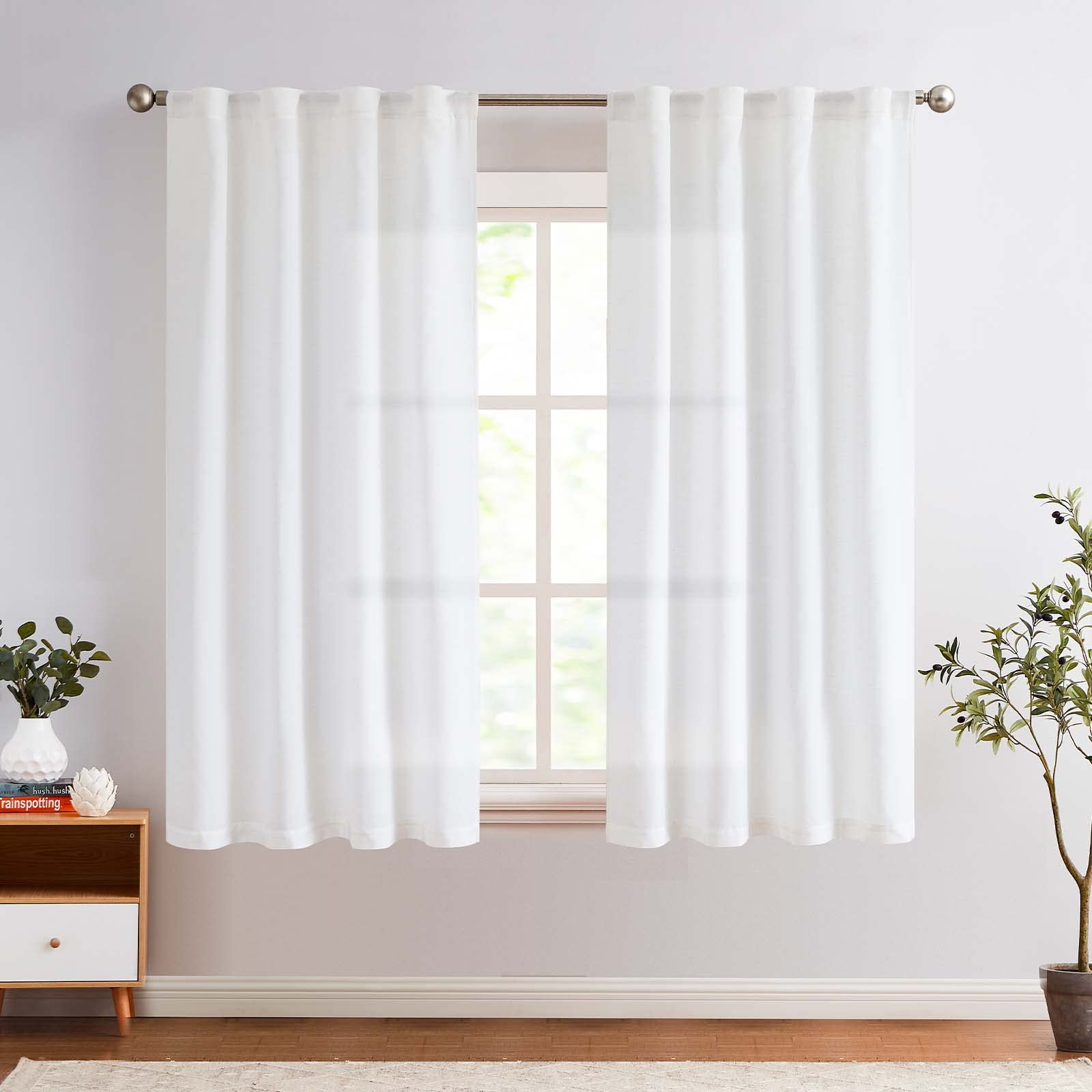 Jinchan Linen Blend White Curtains 63 Inches Length For Living Room Farmhouse Rod Pocket Back Tab Light Filtering Window Drapes For Bedroom Curtains Off White 2 Panels