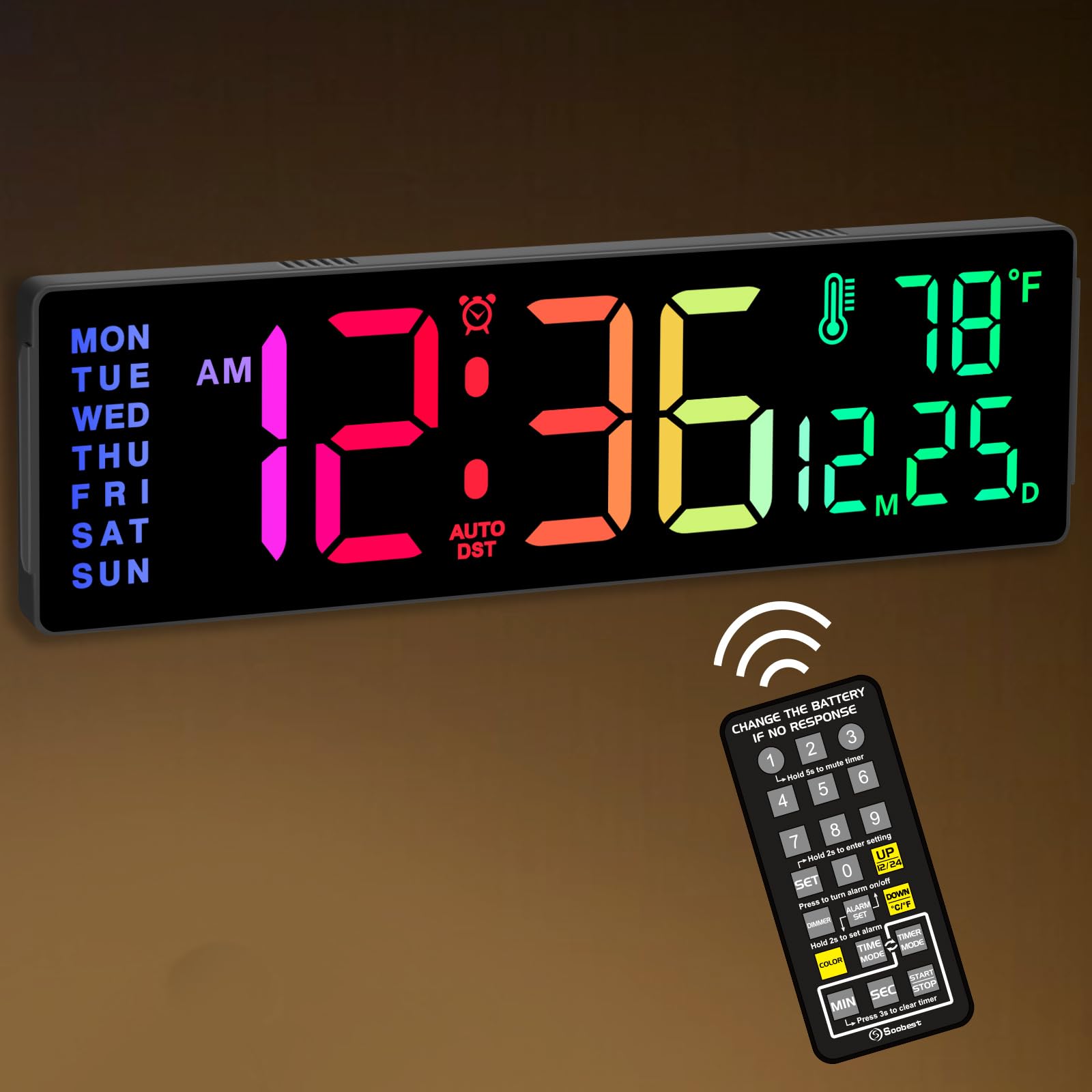 Soobest 14.2'' Large Display RGB Digital Wall Clock Color Changing with Remote Control, Alarm Clock with Auto DST Indoor Tempera